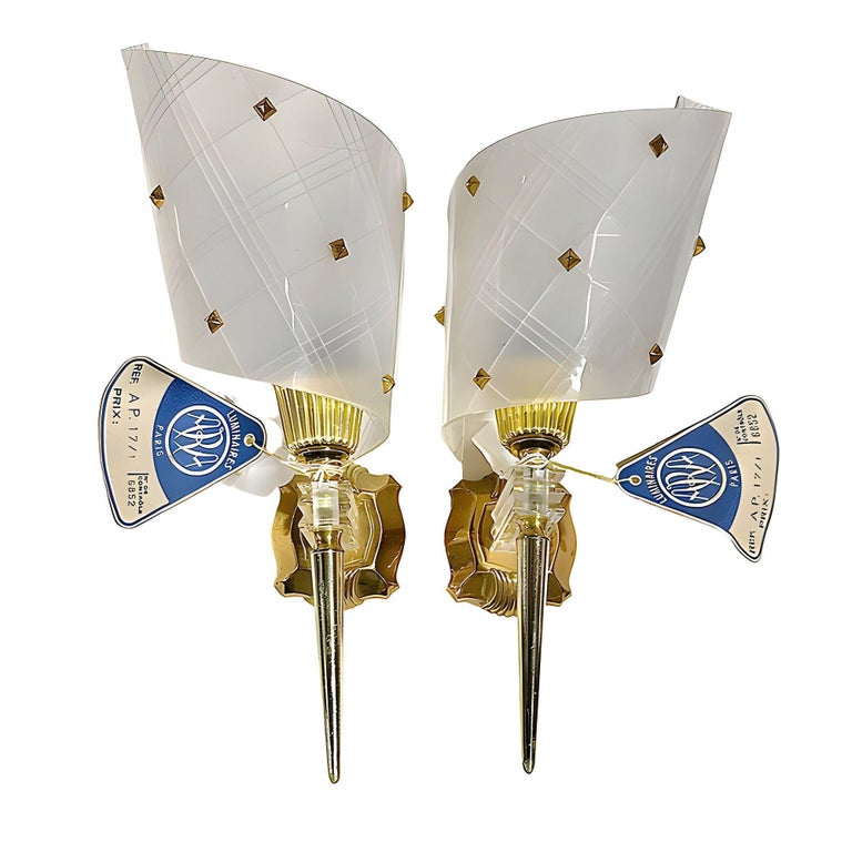 Set of 3 MCM Brass & Lucite Wall Sconces by Pierre Guariche for Luminai