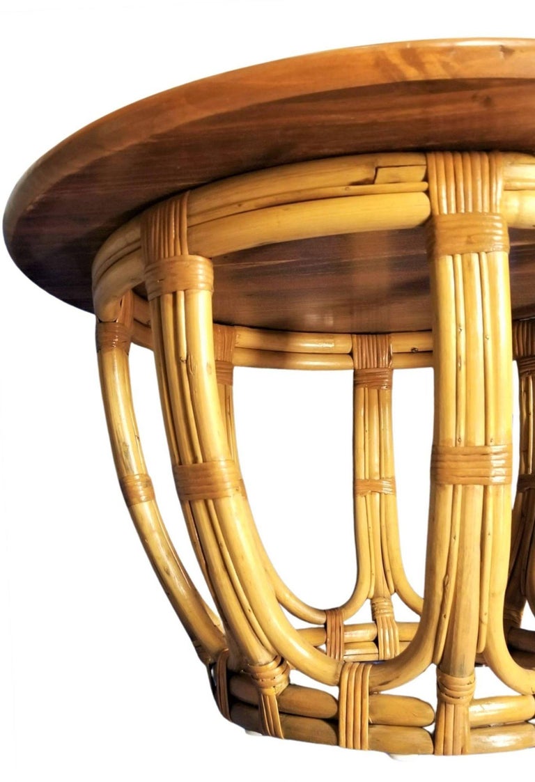 Restored Mid-century Rattan & Mahogany 3-Strand Round Drum Base Coffee Table