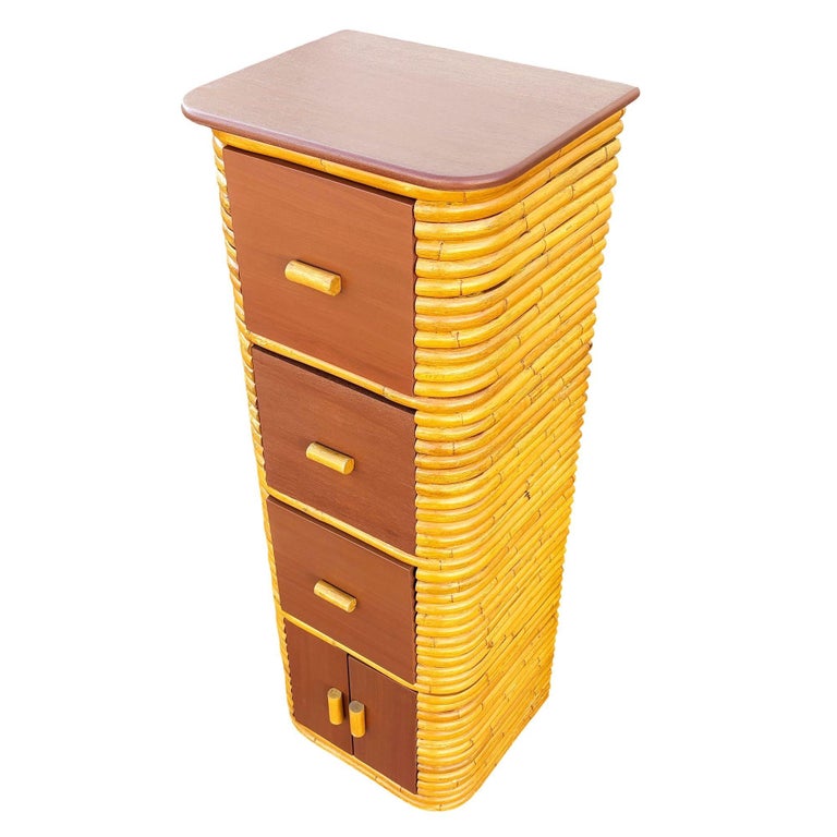 Restored Paul Frankl Style Stacked Rattan & Mahogany Cabinet w/ Drawers