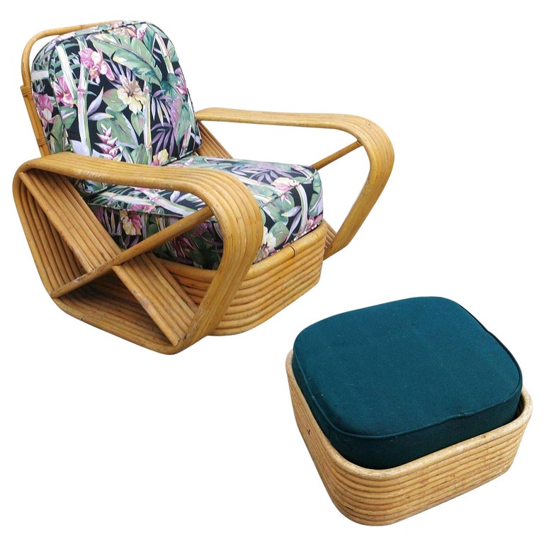 Restored Paul Frankl Style Six-Strand Square Pretzel Rattan Lounge Chair Ottoman