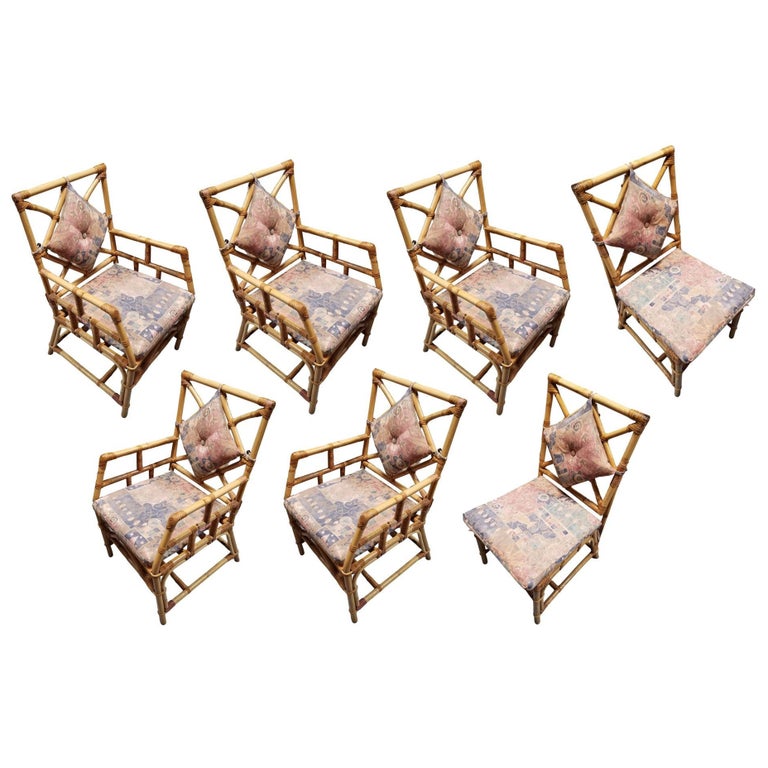 Restored Rattan Chippendale Style Dining Chairs with Diamond Back, Set of 7