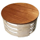 Restored Rattan White Natural Wood Stacked Round Coffee Table with Mahogany Top