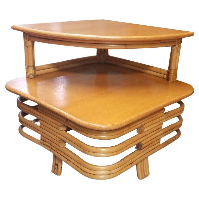 Restored Ratan and Mahogany Two-Tiered Corner Table with Stacked Rattan Base
