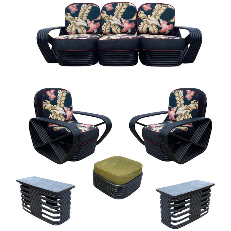 Restored 6 Strand Black Ash Table, Sofa, Lounge Chair Livingroom Set