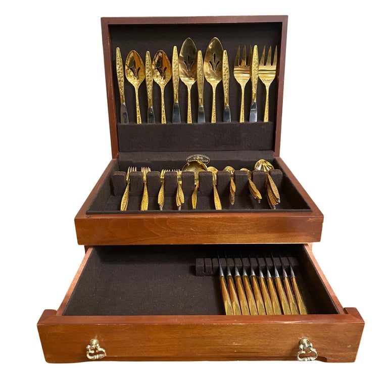 Modernist Pattern Gold Plated Stainless Flatware Set of 92 by 1847 Rogers Bros