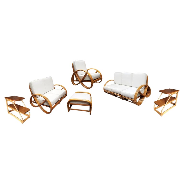 Restored Mid-Century Frankl Style Rattan Three-Strand Full Pretzel Livingroom Se