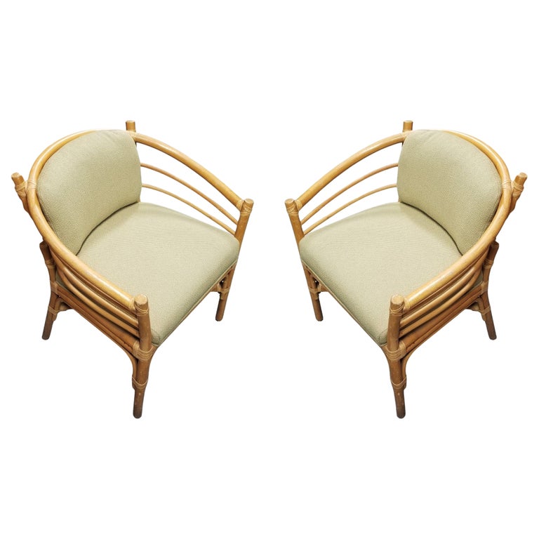 Restored Rattan Barrel Back Dining Chair Armchair W/ Skeleton Arms - Pair