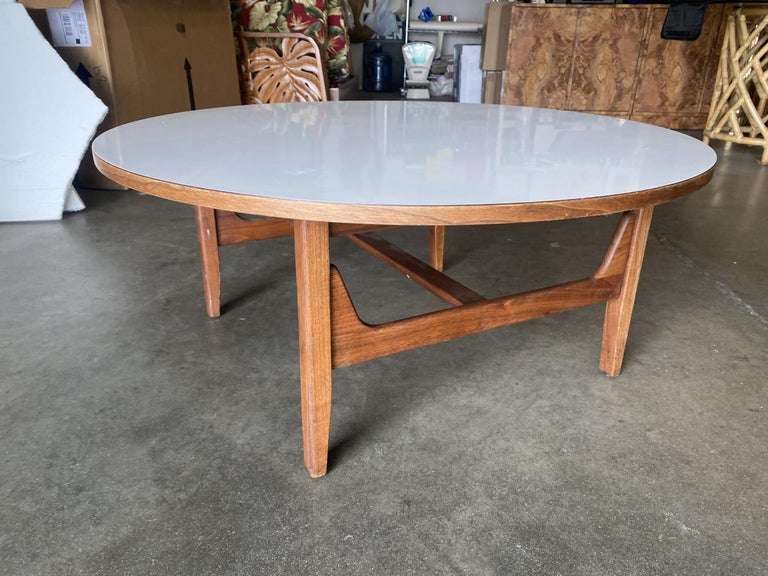 Large Danish Mid-Century Round Coffee Table with White Laminate Top