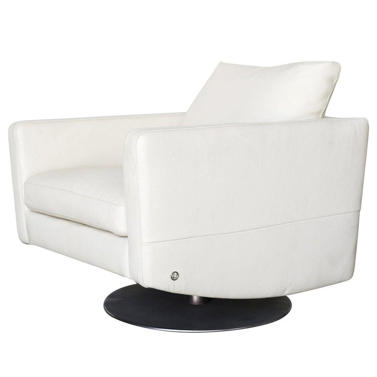 Italian Modern Leather Swivel Lounge Chair w/ Steel Base by Natuzzi, Pair