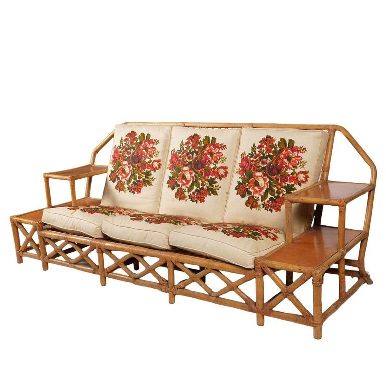 Rare MCM Stepped Rattan Sofa Chair Ottoman Livingroom Set w/ Built in End tables