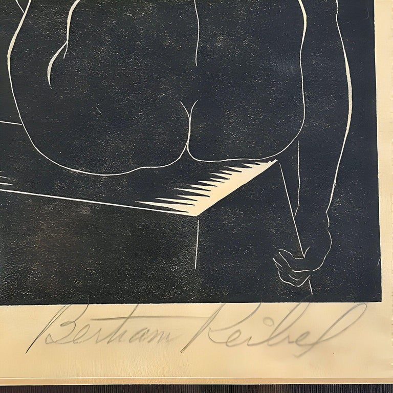 Untitled Nude Female Portrait Wood Block Print by Reibel Bertram, Framed