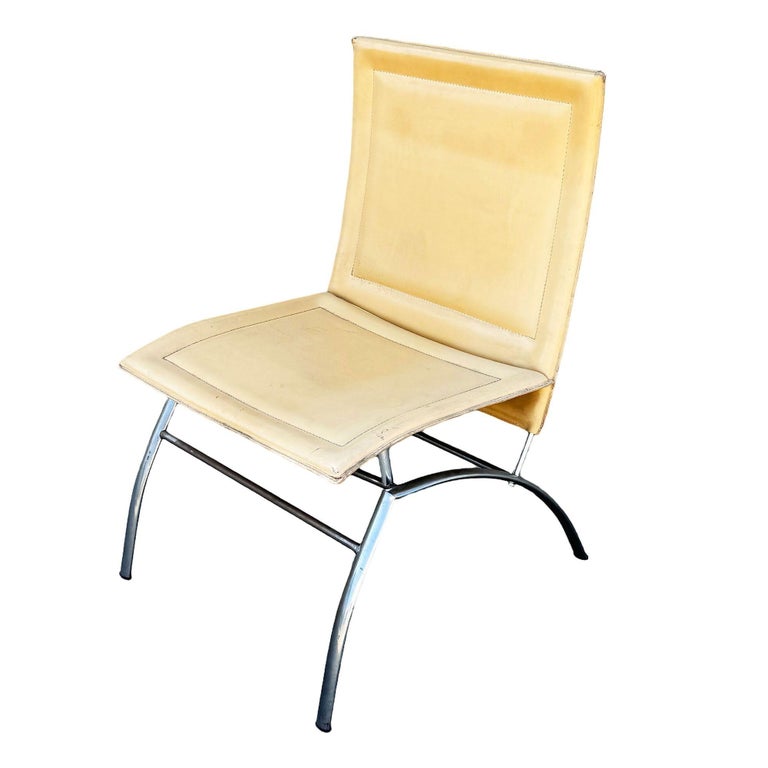 Postmodern Italian Leather “Waist” Side Chrome Tublar Lounge Chair