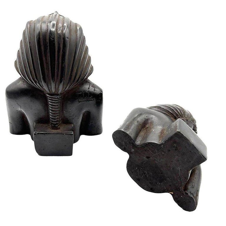 Hand Carved Ebony Wood King Tut Tutankhamen Pharaoh Bust Book Ends Signed 1974