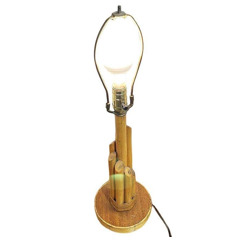 Sculptural Mahogany & Wicker Wrapped Rattan Graduated 7-Pole Table Lamps, Pair