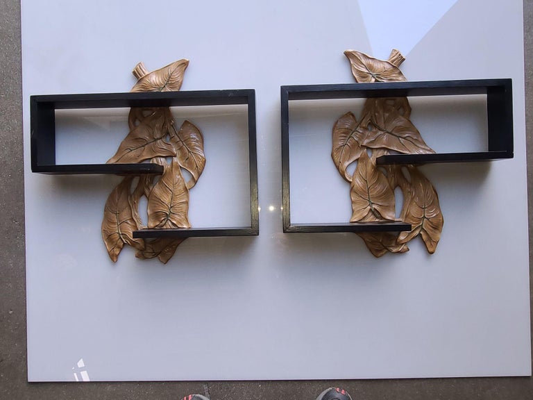 Midcentury Wall Shelf with Hand Carved Leaf Pattern, Pair