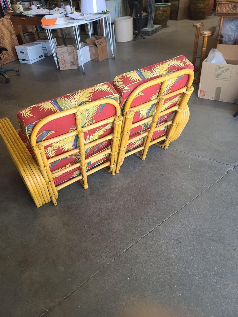 Restored 5-Strand Square Pretzel Rattan Settee w/ Barkcloth Cushions
