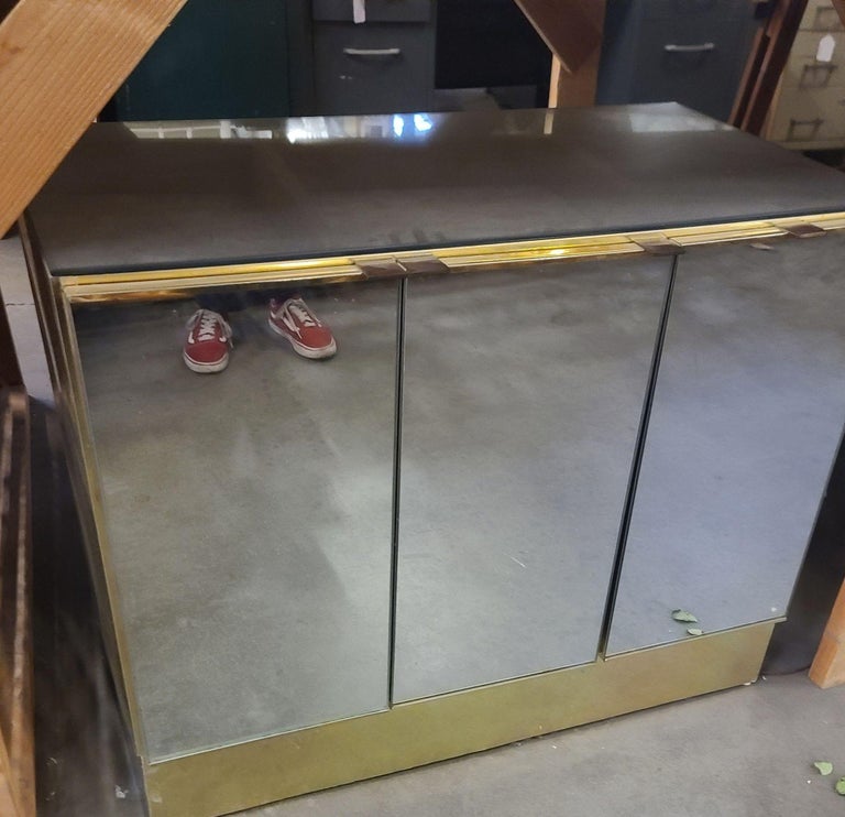 1970's Brass and Mirror Three Door Cabinet by Ello
