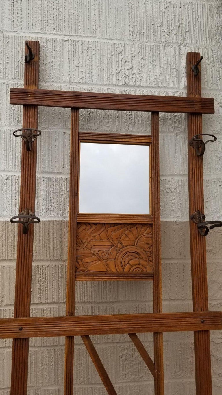 Art Deco Carved Rack Hall Tree with Mirror