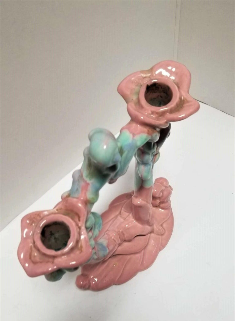 Royal Haeger Mauve Agate Pink/Blue Marble Glaze Twin Stalk Candlestick Holder