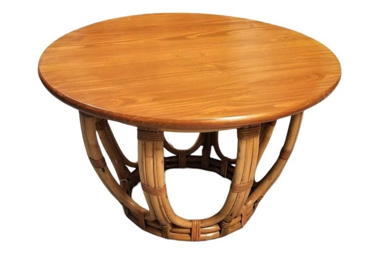 Restored Mid-century Rattan & Mahogany 3-Strand Round Drum Base Coffee Table