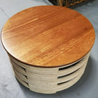 Restored Rattan White Natural Wood Stacked Round Coffee Table with Mahogany Top