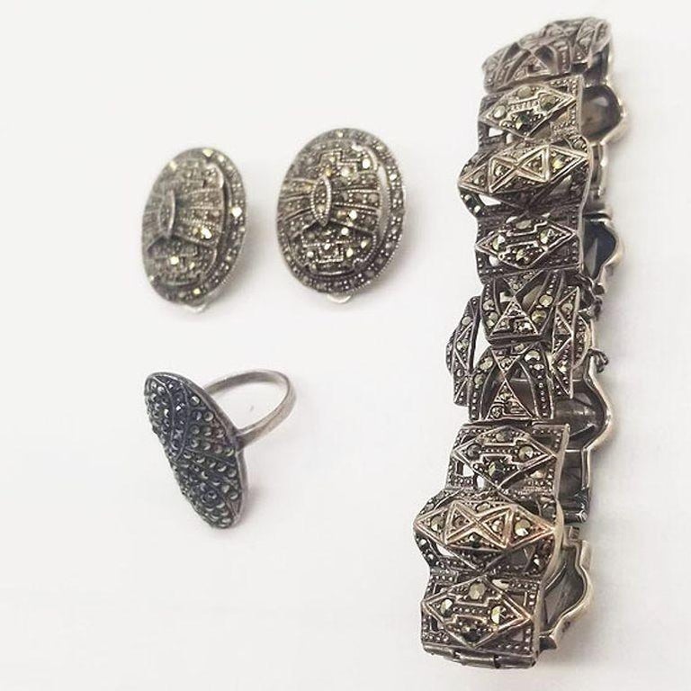 Sterling Silver French Paste Marcasite Jewelry Set, Brooch, Bracelet, Earrings