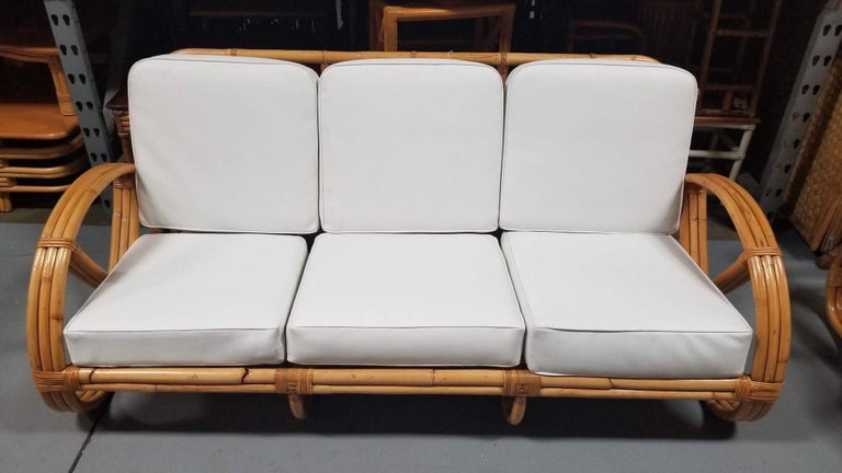 Restored Rattan Three-Strand Full Pretzel Lounge Chair and Three-Seat Sofa Set