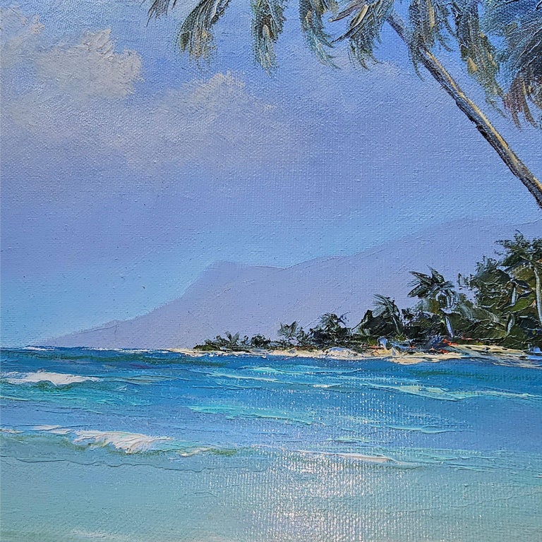 1980s Hawaiian Landscape Oil on Board by Daris Davis in Tropical Wood Frame