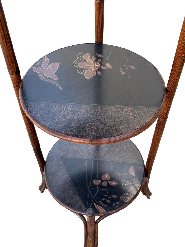Costal Three Tiered Dark Stained Rattan Shelf w East Asian Motif Tops