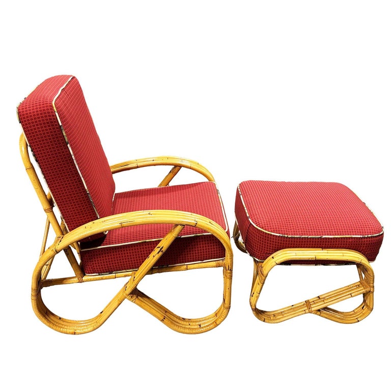 Mid-Century 4-Strand 3/4 Reverse Pretzel Rattan Lounge Chair w/ Matching Ottoman