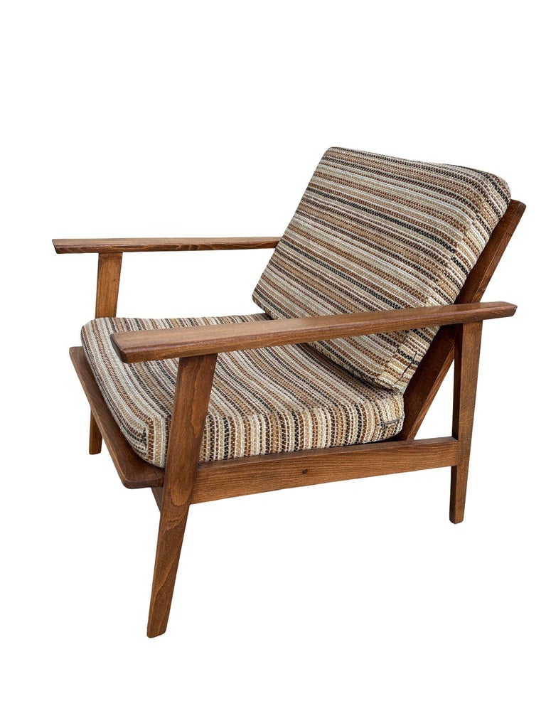 Scandinavian Modern MCM Walnut Framed Armchair with Striped Cushions