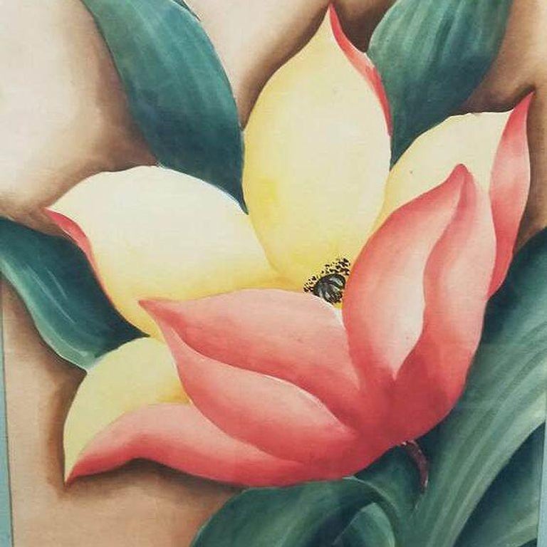 Framed Airbrush on Paper Hibiscus Tropical Floral by Jane Boyd, 1948