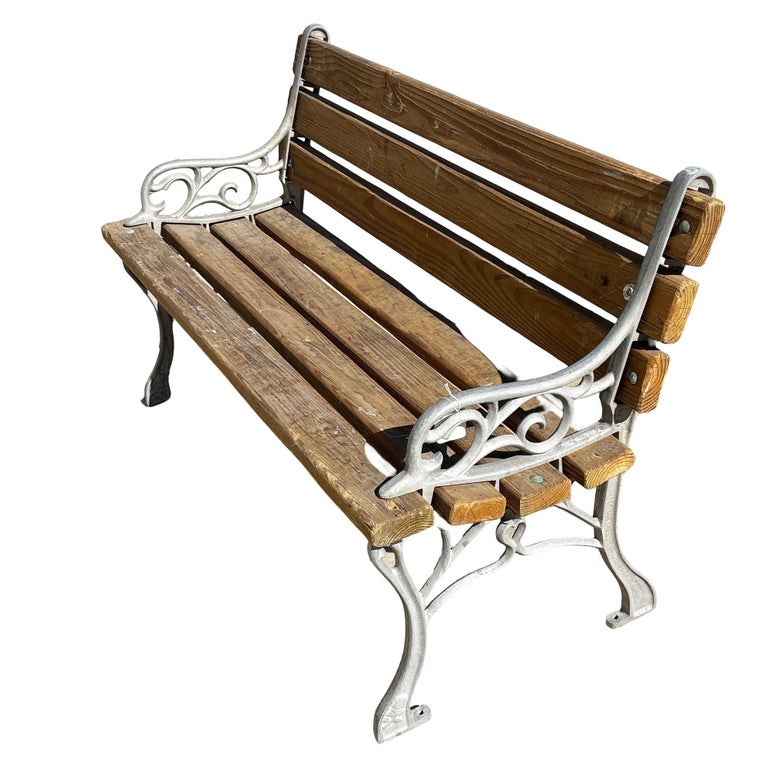 Restored Victorian Cast Iron & Wooden Lath Garden Bench w/ Vine Leaf Detail