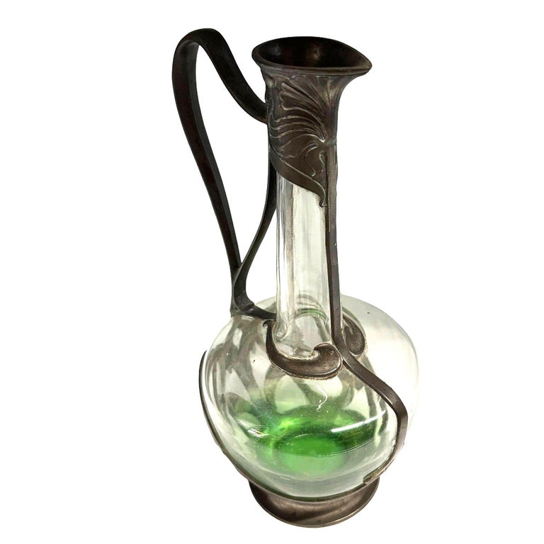 Austrian Art Nouveau Pewter Jugendstil Clade Green Art Glass Wine Carafe