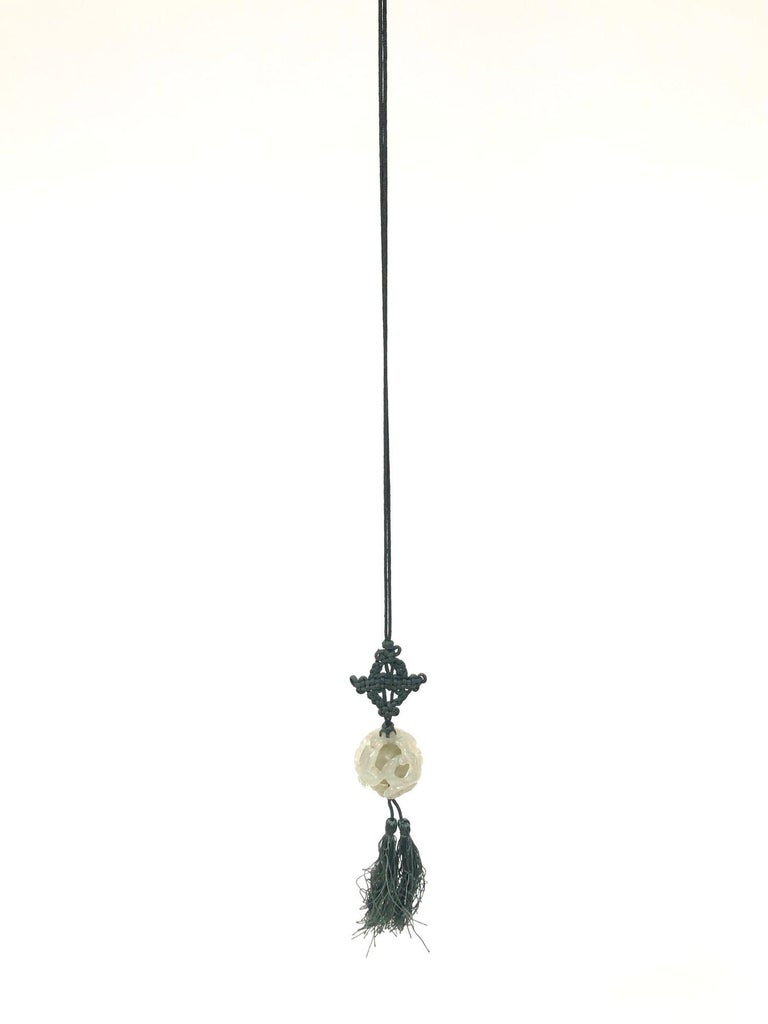 70s Boho Hand-Carved Tremolite Jade Pendant Necklace with Silk Knot & Tassel