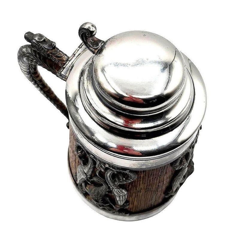 Silverplate Oak Tankard Beer Stein w/ Dragon motif, by St. Louis Silver Co.