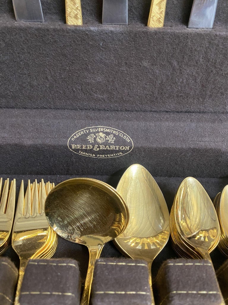 Modernist Pattern Gold Plated Stainless Flatware Set of 92 by 1847 Rogers Bros
