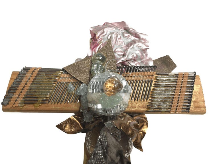 Vintage Flat Wood Cross with Mixed Media Decorations