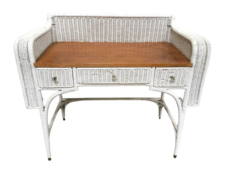 Shabby Chic White Wicker Mahogany Top Writing Secretary Desk w/ Chair