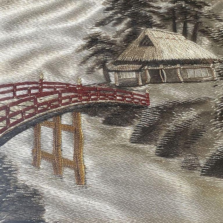 Three Chinese Silk Embroidery Tapestry Art Tropical Landscape in Rattan Frames