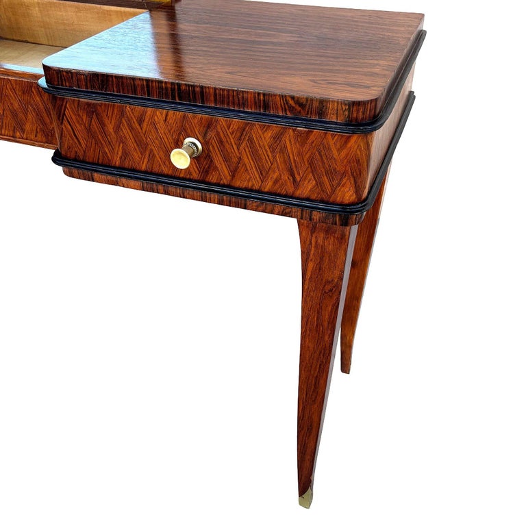 French Art Deco Flip Top Madagascar Rosewood & Brass Dressing Table Vanity