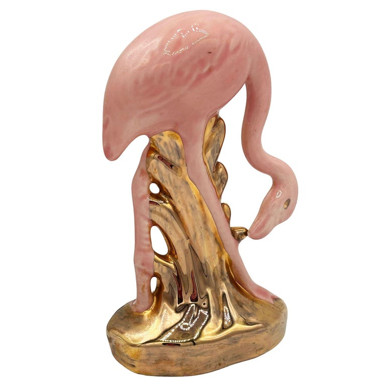 Mid-century California Pottery Ceramic Pink & Gold Flamingo Figurine