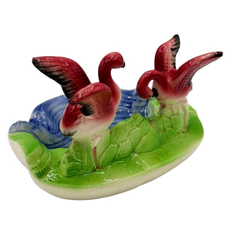 Mid-century Hand Painted Pink Flamingo couple in Pound Ceramic Scenic Sculpture