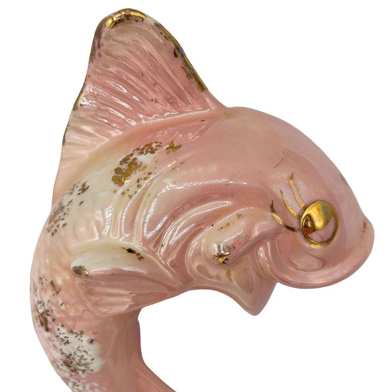 Rare Mid-century California Ceramic Pink & Gold Angel Fish Flower Wall Vase