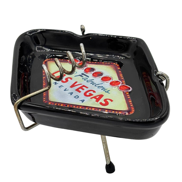 Retro Mid-century Style Black Ceramic Ashtray With Las Vegas Sign & Stand