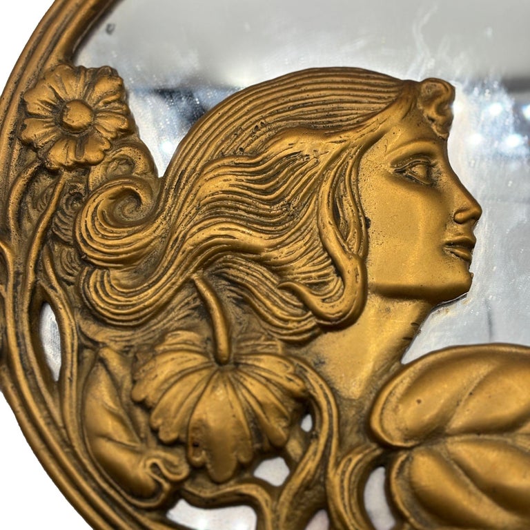 Cast Brass Art Nouveau Round Wall Mirror with Ivy Lady Portrait