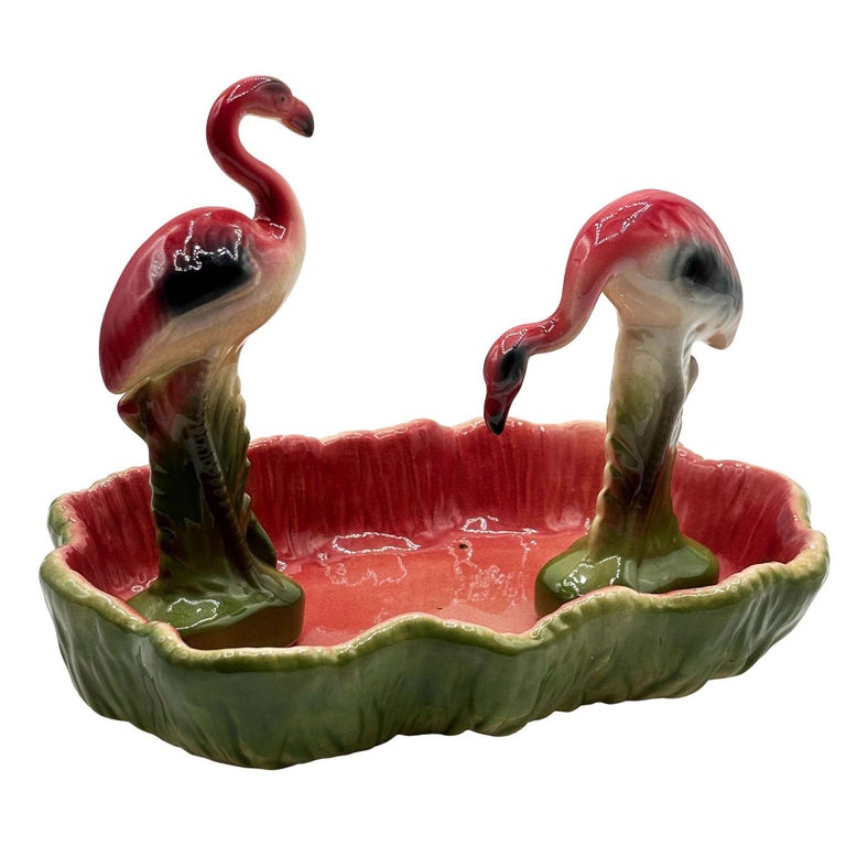 MCM California Pottery Ceramic Flamingo Figurine Set w/ Tropical Pond Tray