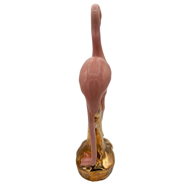 Mid-century Ceramic Fancy Bird Pink & Gold Flamingo Tabletop Statue