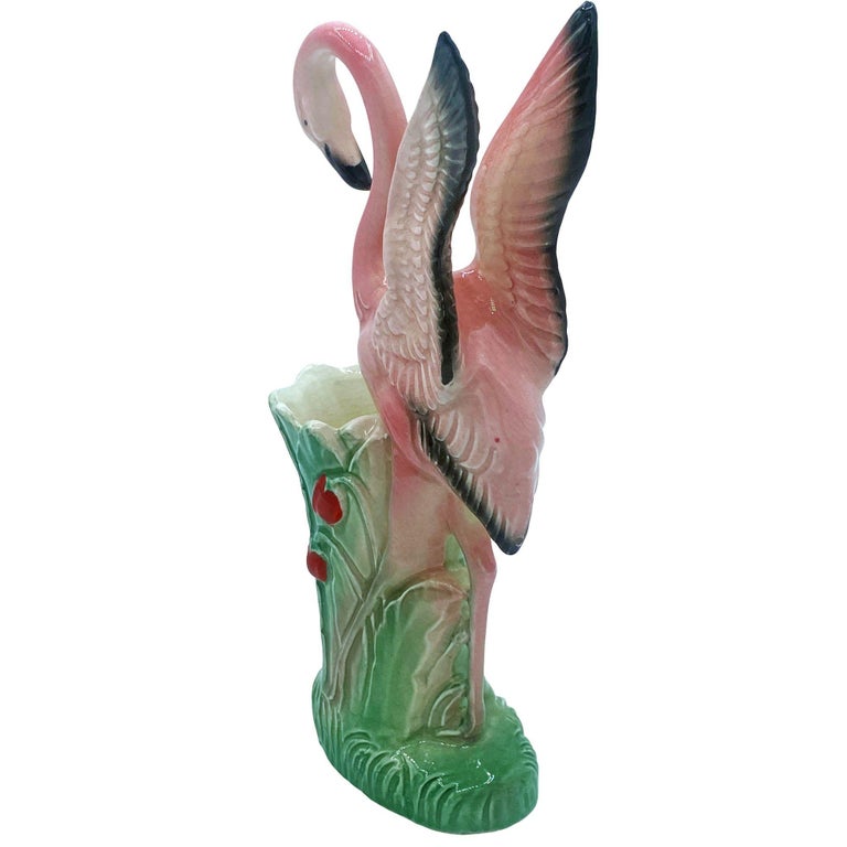 Mid-century "Lovers" Pink Flamingo Ceramic Tabletop Vase Set By Leftons