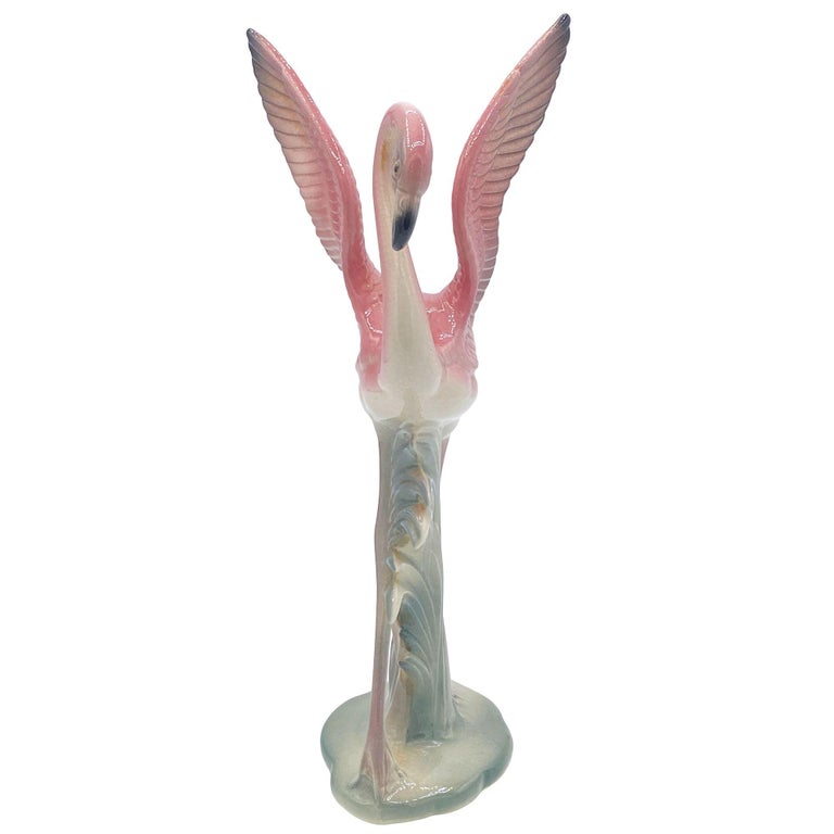 Mid-century Pink & Green Flamingo Ceramic Tabletop Sculpture Pair By Brad Keeler